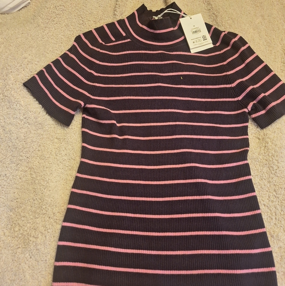 Striped Short-Sleeve Mock Neck Top - Pink/Black